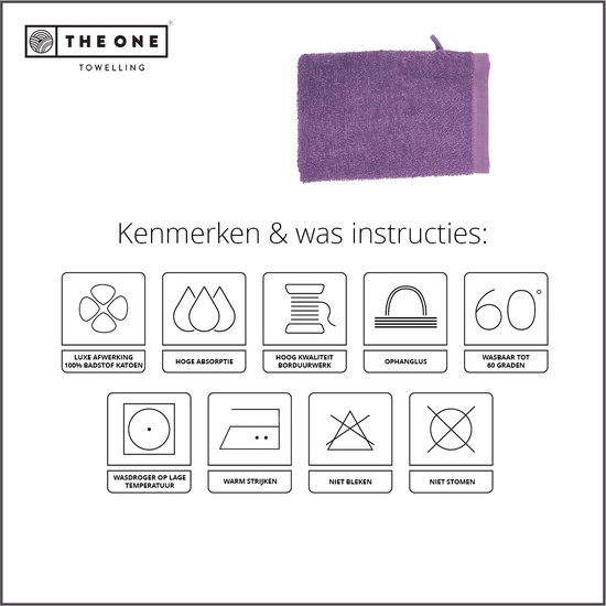 Paarse washand met label en wasinstructies.