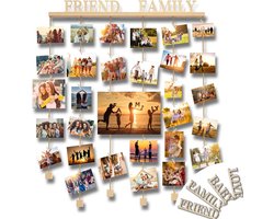 Collage Photo Frame Wooden Photo Hanging Picture Frame Multiple Pictures Photo Frame in Clothesline Look with 35 Wooden Pegs and 6 Hemp Rope