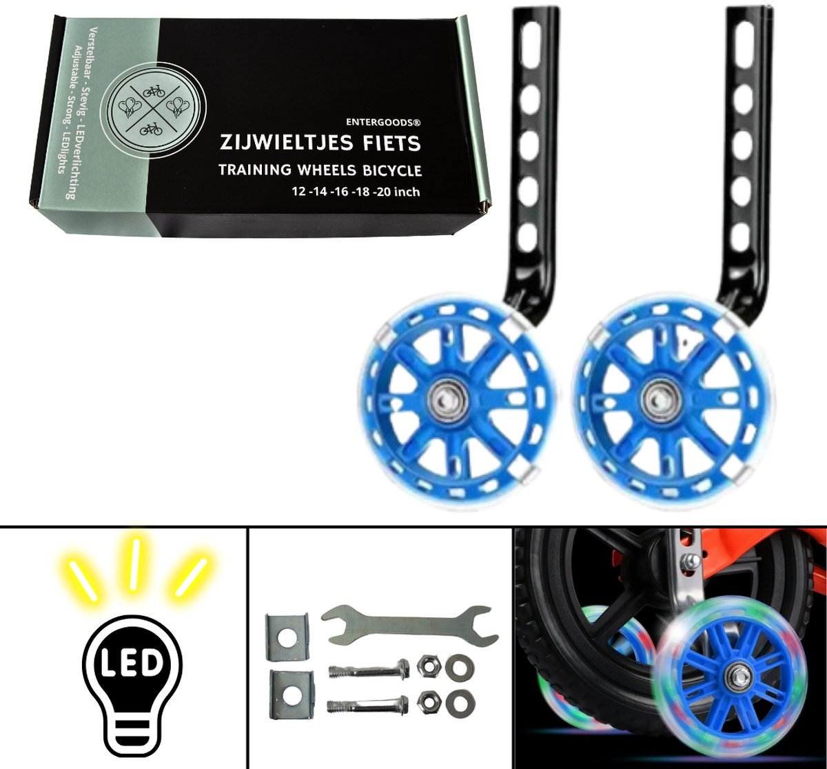 Entergoods® - Zijwieltjes - 12-20 Inch - Zijwieltjes met LED lichtjes - Zijwieltjes voor Kinderfiets - Zwart - 12 inch/14 inch/16 inch/18 inch/20 inch - Zijwielen - Kinderfietsaccessoires - Universeel - Zijwielen met Lampjes - Verlichting Kinderfiets
