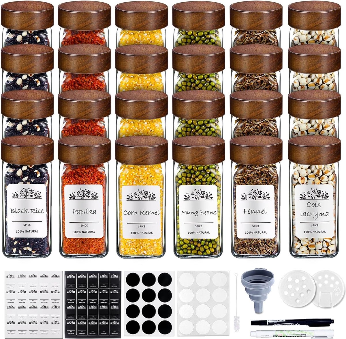 Vierkante Kruidenpotjes met Acaciahouten Deksel, Set van 24, Kruidenpotjes 120 ml, Transparante Kruidenpotjes, Twee Soorten Kruiden Zeven Kruidenstrooiers, Praktische Kruidenpotjes Set