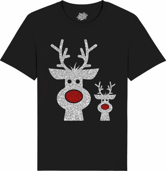 Rendier Buddies - Foute Kersttrui Kerstcadeau - Dames / Heren / Unisex Kleding - Grappige Kerst Outfit - Glitter Look - T-Shirt - Unisex - Zwart - Maat XXL