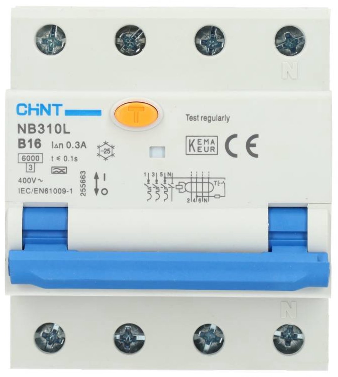 Chint aardlekautomaat 3-fase, 3-polig+nul 16A B-kar 300mA 6kA type A (NB310L 3PN B16) - 255663