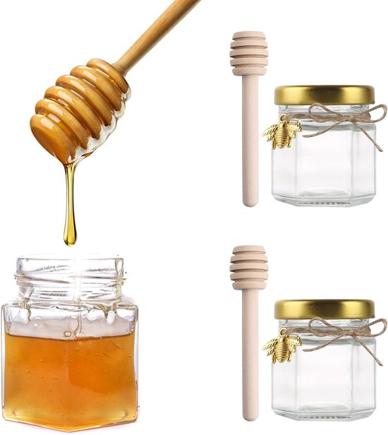 Pakket van 20 1,5 oz Hexagon Mini Glazen Honingpotjes, Mini Honingpotjes 45 ml Jam Potjes met Gouden Deksel Honinglepel Bijen Hanger Jute voor Baby Shower Bruiloftsgeschenken Feestgeschenken