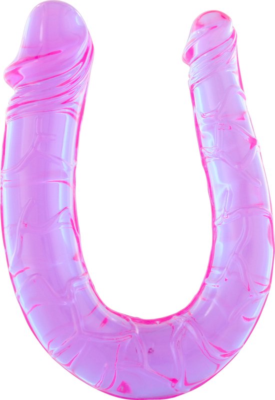Dubbele paarse dildo met twee koppen en een aderenstructuur.