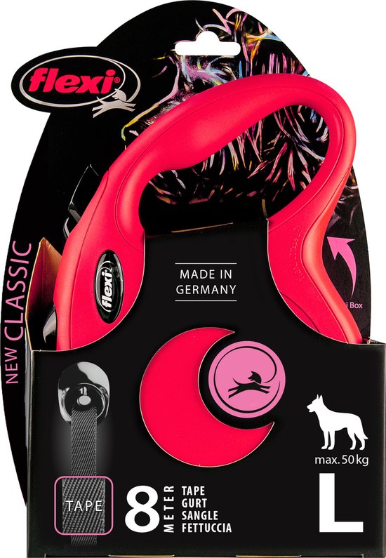 Emballage de laisse Flexi New Classic rouge et noir. L, 8 mètres, max 50kg.