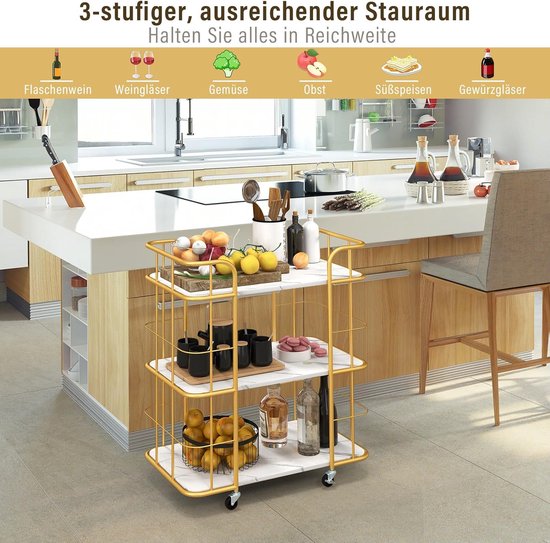 Keukenwagen met universele wielen, serveerwagen 3 planken, marmer, barwagen, modern, mobiele rolwagen, huishoudwagen, metalen frame, multifunctionele trolley voor thuis, restaurant, multifunctionele trolley goud