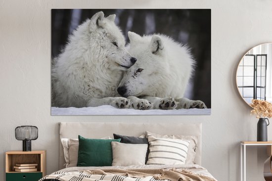 Deux loups blancs dans la neige sur toile 2cm 180x120 cm - Tirage photo sur Toile (Décoration murale salon / chambre) / Animaux sauvages Peintures sur toile XXL / Groot format!