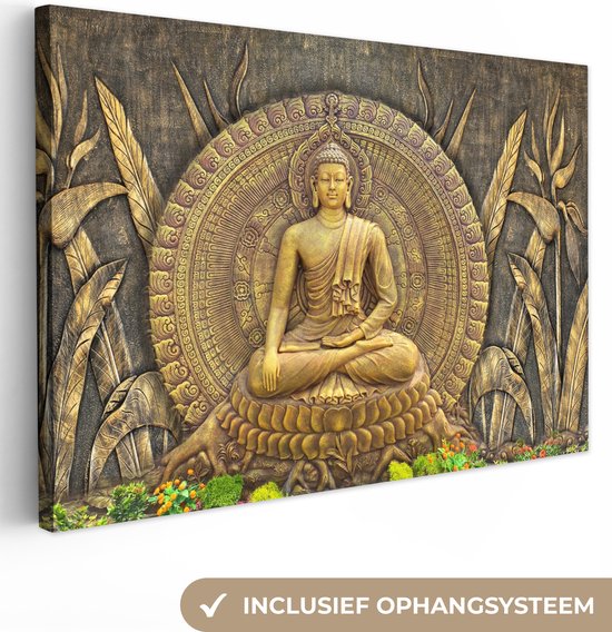 Canvas schilderij buddha - Boeddha - Zen - Brons - Schilderijen op canvas - Foto op canvas - Wanddecoratie - 140x90 cm