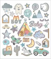 Stickers - Baby Boy - Baby Jongen - Blauw, Grijs, Groen - Auto, Beer, Vosjes, Maan - Babyshower - Geboorte - Creotime - 1 Vel - 30 Stickers
