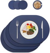 Placemats en onderzetters van leer, tafeldecoratie, afwasbaar, PU-kunstleer, hittebestendig, voor keuken en eettafel, set van 4, ovaal, blauw