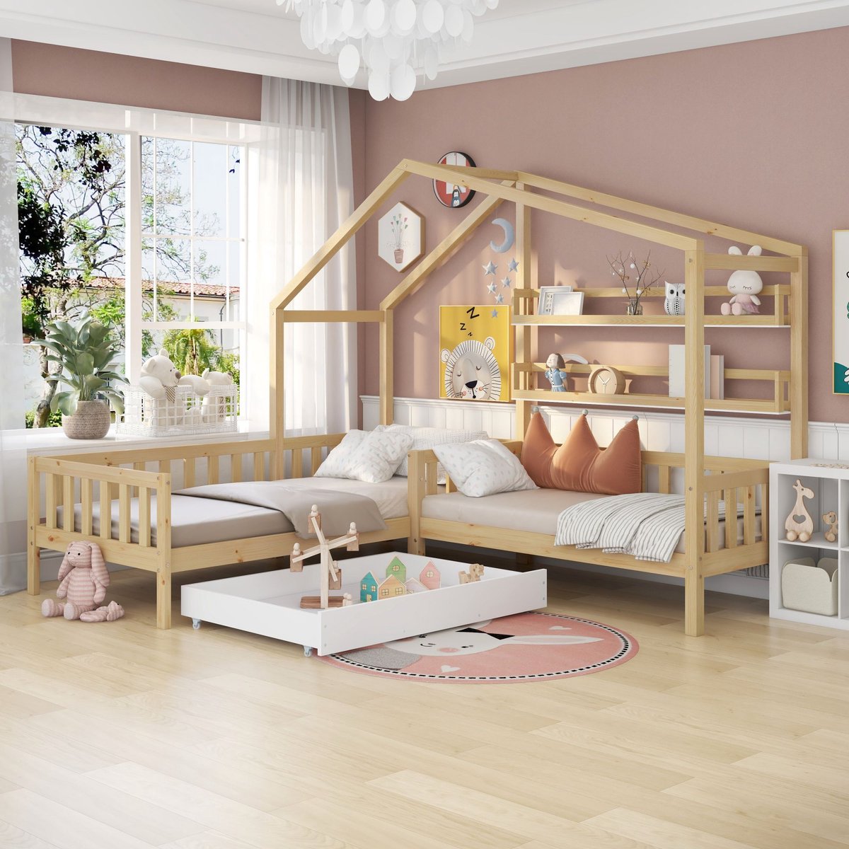 Kinderbed huisbed met lades en planken, massief hout met hek en lattenbodem, L-structuur, naturel (90x200 cm + 140x70cm)