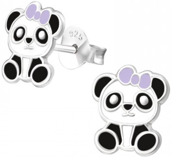 Joy|S - Zilveren panda oorbellen - 7 x 9 mm -  met een paars strikje - oorknoppen voor kinderen