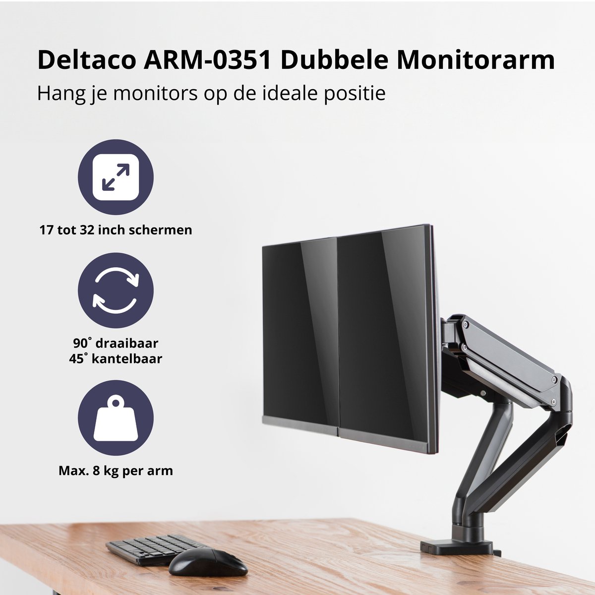 Deltaco ARM-0351 Gasgedreven Monitor Arm - 2 Schermen - 17-32 inch thumbnail 3