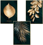 3-delige set design-posters wandschilderijen, bos, gouden bladeren, palmblad, zonder lijst, wandschilderij print kunstposter, decoratie voor de woonkamer (stijl A, 30 x 40 cm)