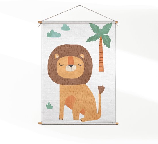 Textielposter De Leeuw in het bos - Kinderkamer - Baby cadeau - Babykamer M (55 X 40 CM) - Wandkleed - Wanddoek - Wanddecoratie