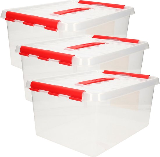4x boîtes de rangement / boîtes de rangement Sunware Q-Line 15 litres 40 x 30 x 18 cm plastique - Boîte de rangement format A4 - Boîte de rangement plastique transparent / rouge