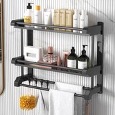 Wall Shelf, Metal Floating Wall Shelves, 2 Layers, 40 cm Wall Mounted Storage Shelf, with Towel Rail and 5 Hooks for Kitchen, Bathroom, Bedroom, Living Room, Laundry Room (Black)