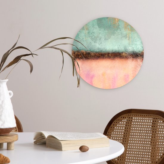 WallCircle® Wandcirkel 30x30 cm - Muurcirkel Goud - Verf - Abstract - Groen - Roze - Muurdecoratie woonkamer - Wanddecoratie slaapkamer - Kamer decoratie accessoires - Ronde schilderijen