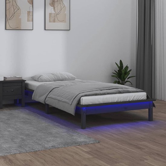 The Living Store Houten Bedframe - LED-verlichting - Grijs - 202 x 101.5 x 26 cm - Massief Grenenhout - Geschikt voor 90 x 190 cm matras
