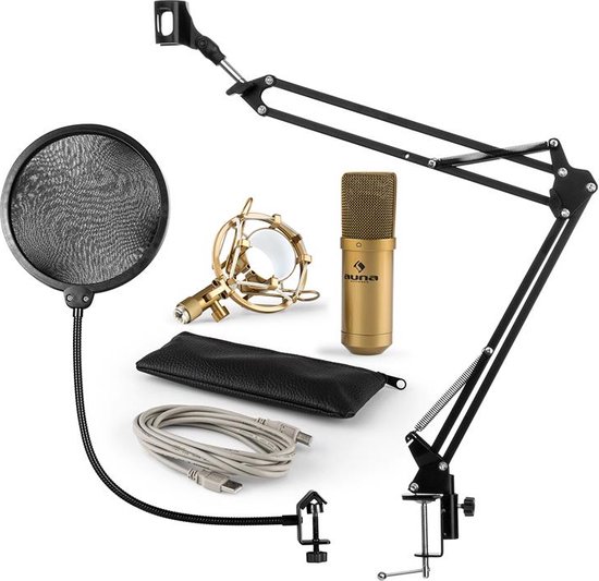 MIC-900G USB microfoonset V4 condensatormicrofoon plopkap microfoonarm - goud