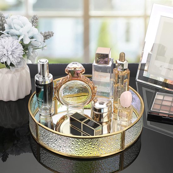 Plateau Miroir Doré Vintage 21cm - Boîte à Bijoux En Verre Et Métal Pour Maquillage Et Décoration