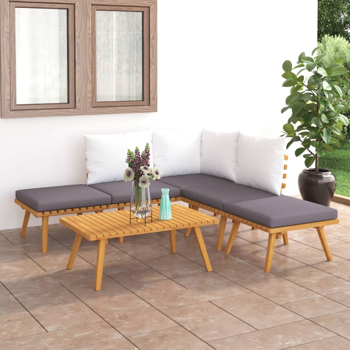 The Living Store 6-delige Loungeset massief acaciahout - Loungeset - Tuinmeubels - Loungehoekbank - Acacia Meubilair - Buitendining