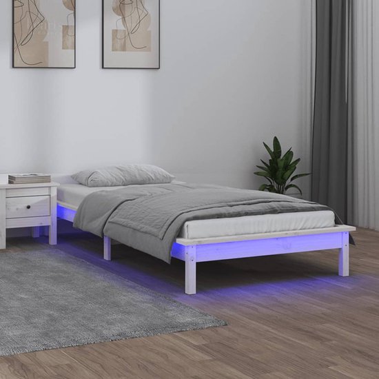 The Living Store Bedframe Grenenhout - LED-verlichting - 100 x 200 cm - Wit