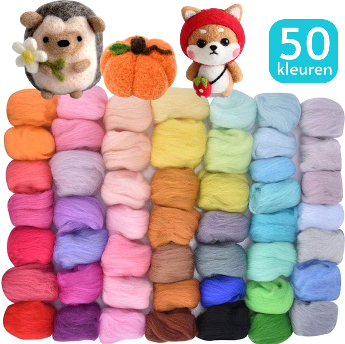 50 kleuren Wolvilt van Merino Wol - Hobby Vilt pakket Naaldvilten / Needle Felting — afbeelding 3