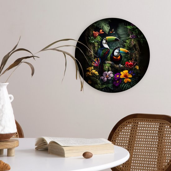 WallCircle - Wall Circle - Wall Circle Indoor - Toucan - Fleurs - Tropical - Jungle - Vogel - 30x30 cm - Décoration murale - Peintures Ronds