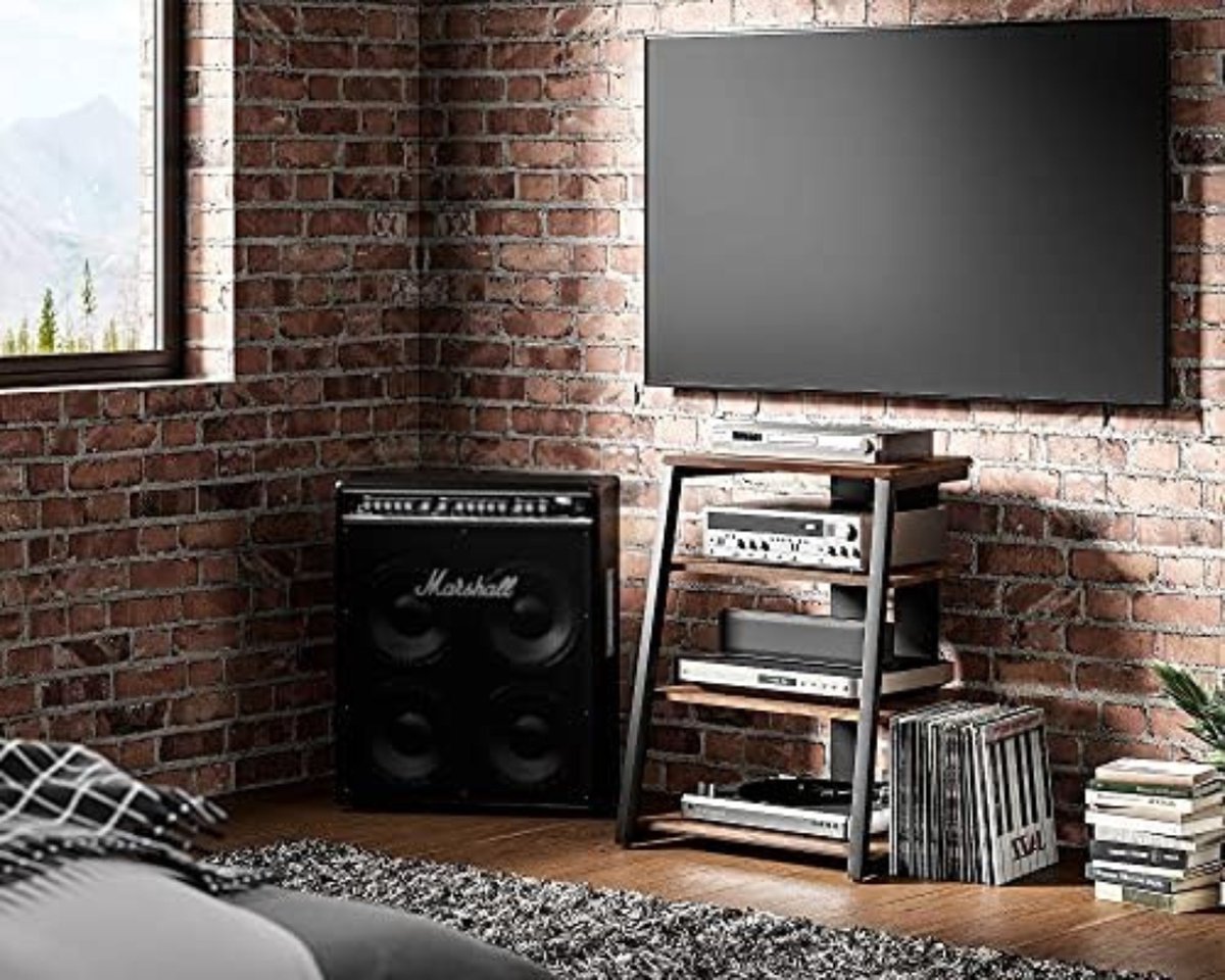 GIANTEX Rek voor platenspeler met 3 niveaus, standaard voor platenspeler thuis met laadstation, vinylplaten tafel met plank en 4 scheidingswanden, tentoonstellingsrek (bruin
