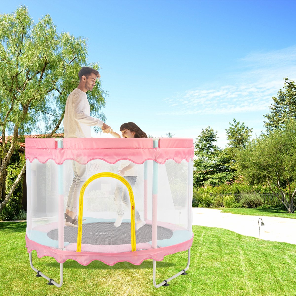 Foxsport Trampoline voor kinderen - Met gevoerde veiligheidshoes - Afsluitbaar veiligheidsnet -Speelgoed voor indoor en outdoor - Ronde - Tot 100kg - 150cm - Roze – foto 3