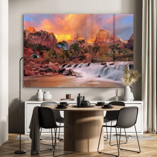 Peinture sur verre - Cascade sous le soleil du soir dans le parc national de Zion dans l'Utah - 180x120 cm - Peintures sur verre acrylique - Photo sur Glas