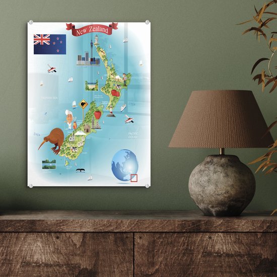 la carte de la Nouvelle-Zélande en plexiglas style cartoon 30x40 cm - Tirage photo sur Glas (Décoration murale en plexiglas) / Mer et Plage