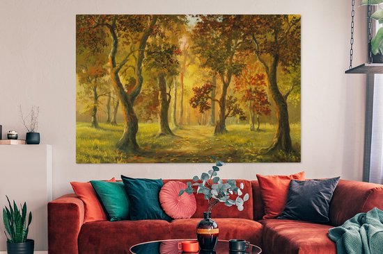 Une illustration d'une forêt au soleil d'automne sur toile 180x120 cm - Tirage photo sur Toile (Décoration murale salon / chambre) / Arbres Peintures sur toile XXL / Groot format!