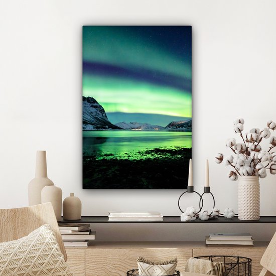 Canvas schilderij - Noorderlicht meer 60x90 - Aurora kamer decoratie accessoires - Schilderijen landschappen woonkamer - Wanddecoratie slaapkamer - Muurdecoratie keuken - Wanddoek interieur binnen - Northern lights woondecoratie huis