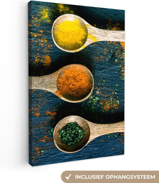 Tableau sur toile Épices - Cuillère - Herbes - Marron - Jaune - Vert - 40x60 cm - Décoration murale