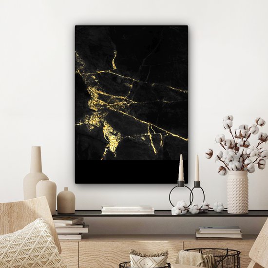 Toile Peinture Marbre - Zwart - Or - Luxe - 80x60 cm - Décoration murale