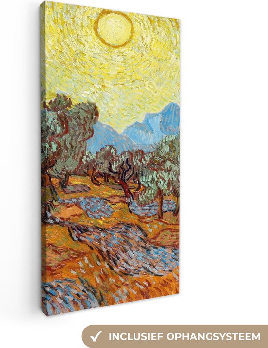 Canvas Schilderij Olijfbomen met gele hemel en zon - Vincent van Gogh - 40x80 cm - Wanddecoratie