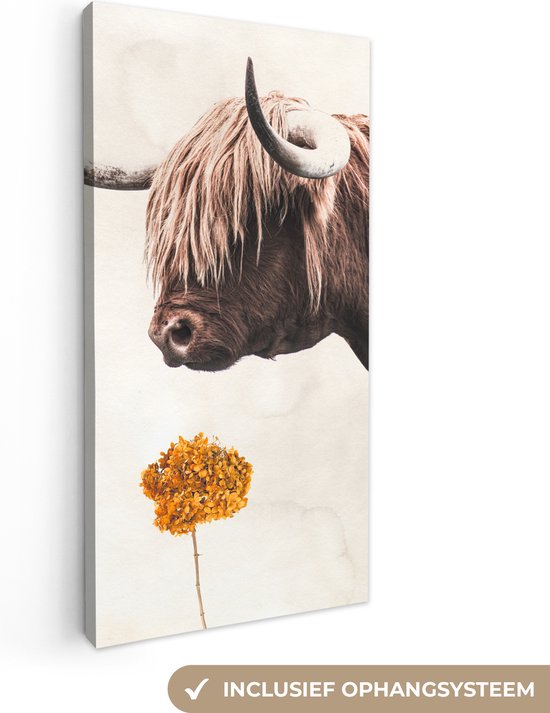 Schotse hooglander - Vintage - Bloem - Canvas - 20x40 cm - Wanddecoratie