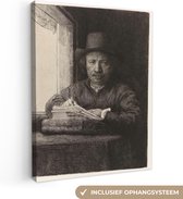 Autoportrait de Rembrandt eau-forte à une fenêtre - Peinture de Rembrandt van Rijn sur toile 60x80 cm - Tirage photo sur toile (Décoration murale salon / chambre)