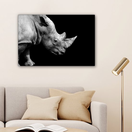 Peintures sur toile - Portrait photo rhinocéros sur fond noir en noir et blanc - 60x40 cm - Décoration murale