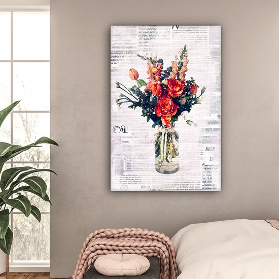 Illustration fleur sur coupure de journal 90x140 cm - Tirage photo sur toile (Décoration murale salon / chambre) / Peintures Fleurs sur toile