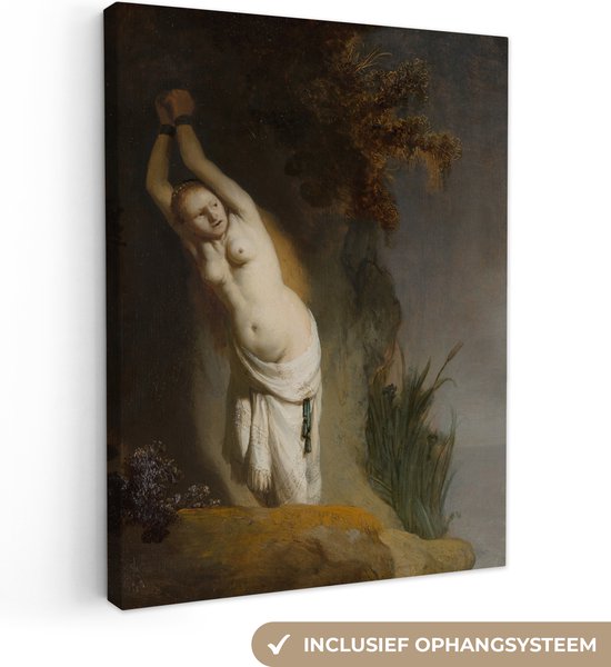 Canvas schilderij 120x160 cm - Wanddecoratie Andromeda aan de rots geketend - Rembrandt van Rijn - Muurdecoratie woonkamer - Slaapkamer decoratie - Kamer accessoires - Schilderijen