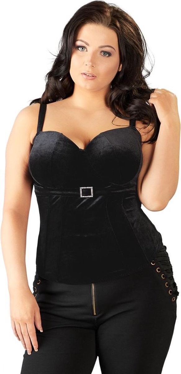 Goedkoopste Cottelli Plus Size – Fluwelen Korset met Beugelloze Cups en Strass Gesp Stijlvol en Klassiek – Maat 85F/L – Zwart