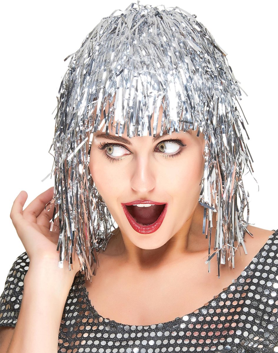 Vegaoo - Zilverkleurige glitterpruik voor volwassenen