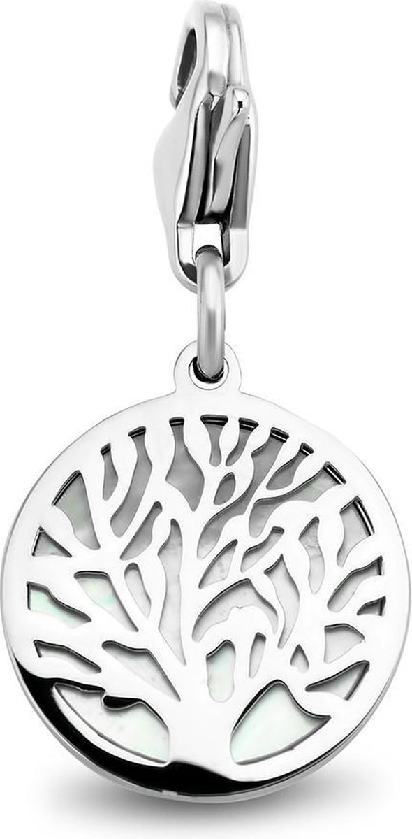 CO88 Collection Stalen Hanger - 15mm - Bedel - Charm - Rond met levensboom - Parelmoer - Zilverkleurig - 8CH-00010