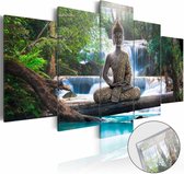 Afbeelding op acrylglas - Boeddha en de waterval, Groen/Bruin/Blauw,   5luik