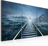 Schilderij - Reis in de Mist, Blauw, 3luik ,  wanddecoratie , premium print op canvas