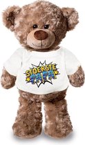 Stoerste papa pluche teddybeer knuffel 24 cm met wit pop art t-shirt - Vaderdag - stoerste papa / cadeau knuffelbeer