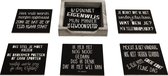 Onderzetters voor glazen - set nr 21 onderleggers - Hout - Leuke onderzetters met tekst , Zwarte , 6 stuks met een houder